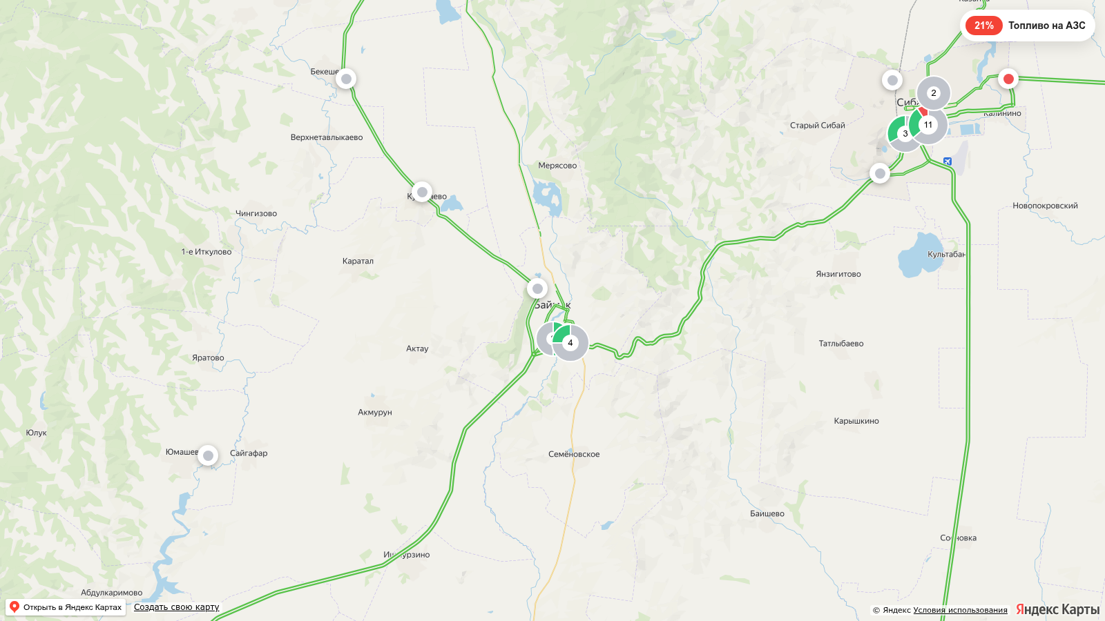 Карта заправок Баймаке с наличием топлива