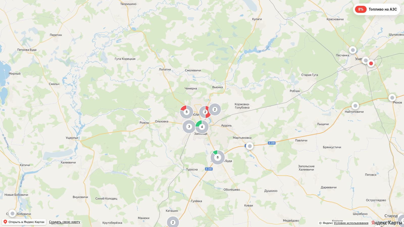 Карта заправок Клинцах с наличием топлива