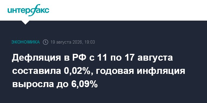 Дефляция в РФ с 11 по 17 августа составила 0,02%, годовая инфляция выросла до 6,09% — Интерфакс