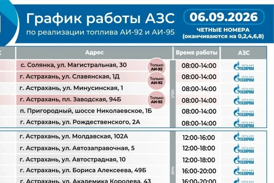 Актуальный график работы АЗС в Астраханской области на 6 сентября