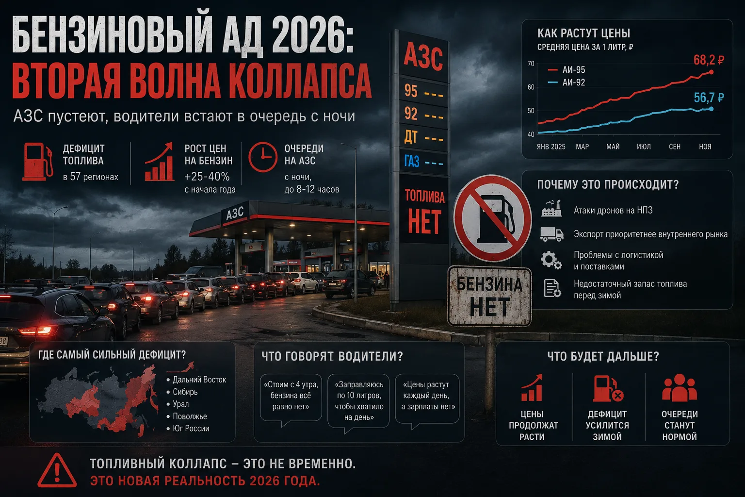 Бензиновый ад 2026: Россию накрыла вторая волна топливного коллапса — АЗС пустеют, водители встают в очередь с ночи — FBM.ru