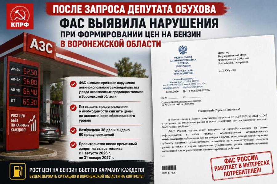 После депутатского запроса С.П. Обухова ФАС выявила нарушения при формировании цен на бензин в Воронежской области — Официальный сайт КПРФ