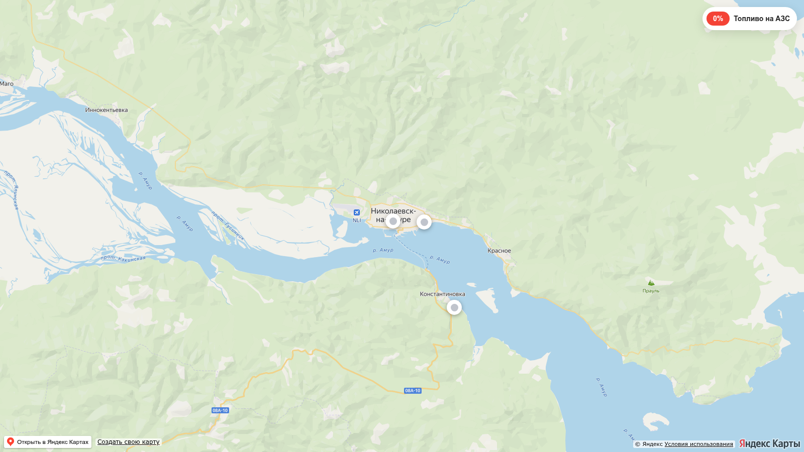 Карта заправок Николаевске-на-Амуре с наличием топлива