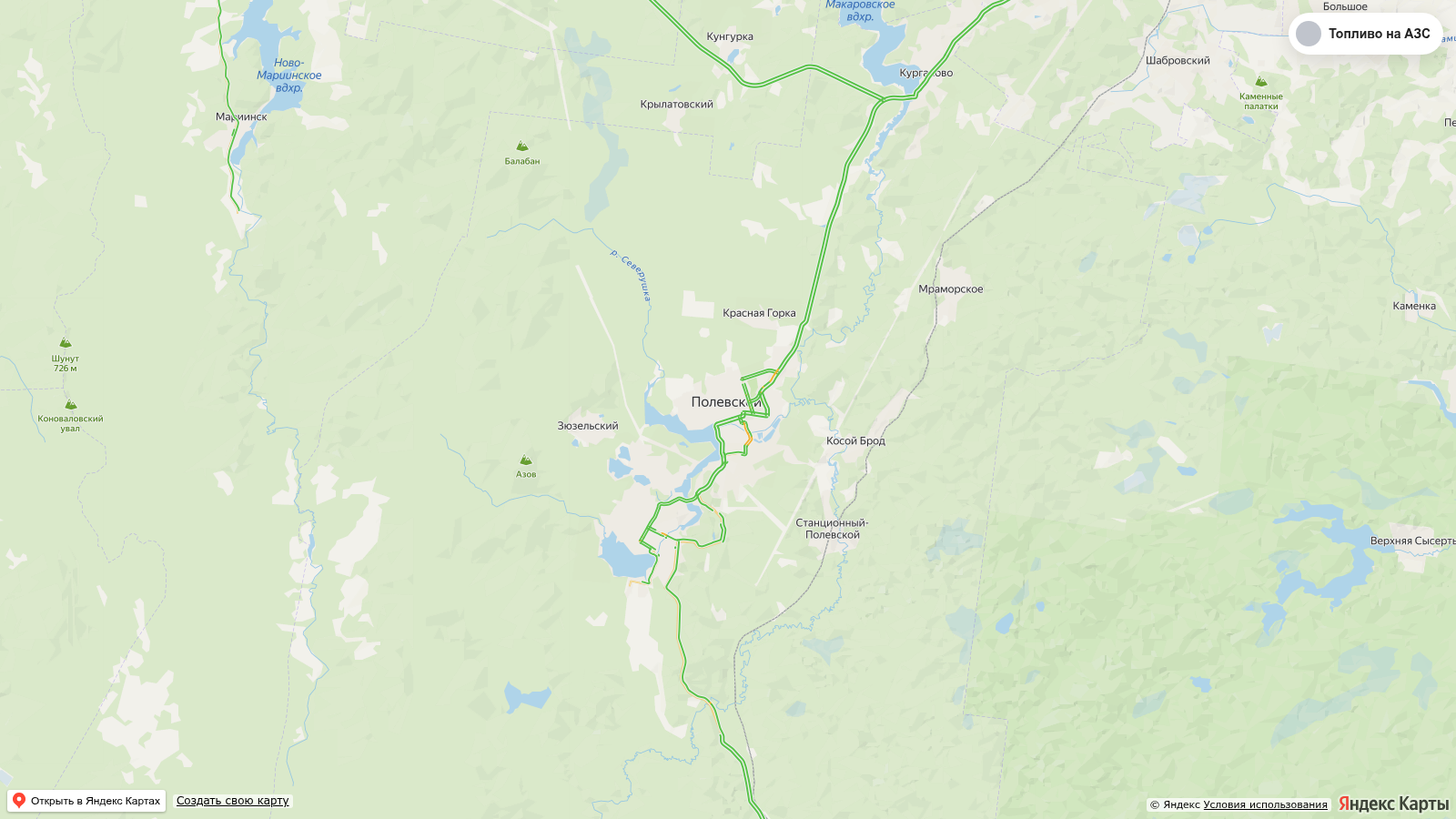 Карта заправок Полевской с наличием топлива